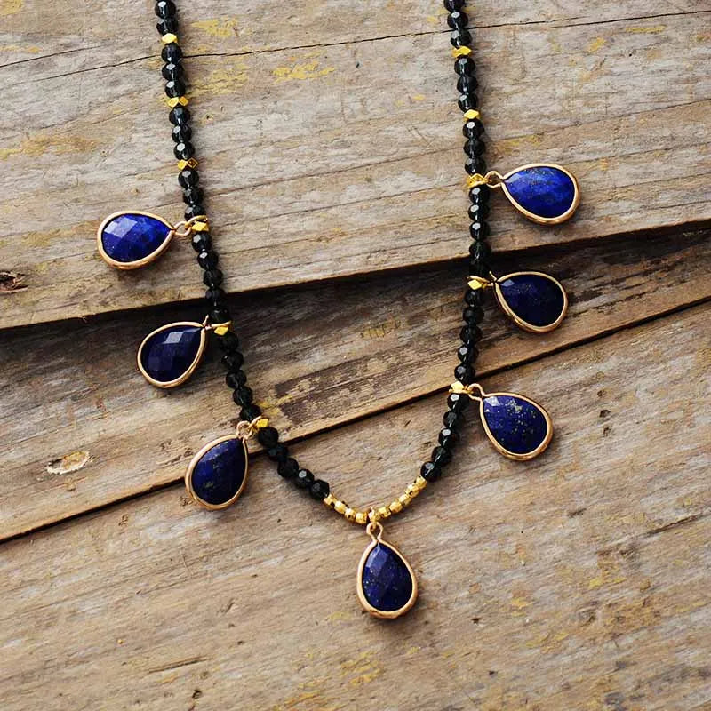 Spiritual Natural Stones Lapis Pendant Necklace Women Exquisite Rhinestone