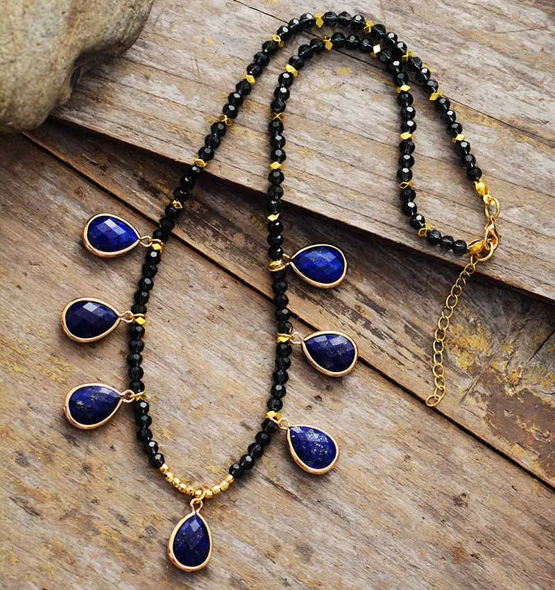 Spiritual Natural Stones Lapis Pendant Necklace Women Exquisite Rhinestone