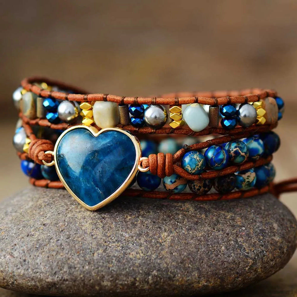 Spiritual Vintage Leather Wrap Bracelets Heart Shape Apatite Stone 3 Strands