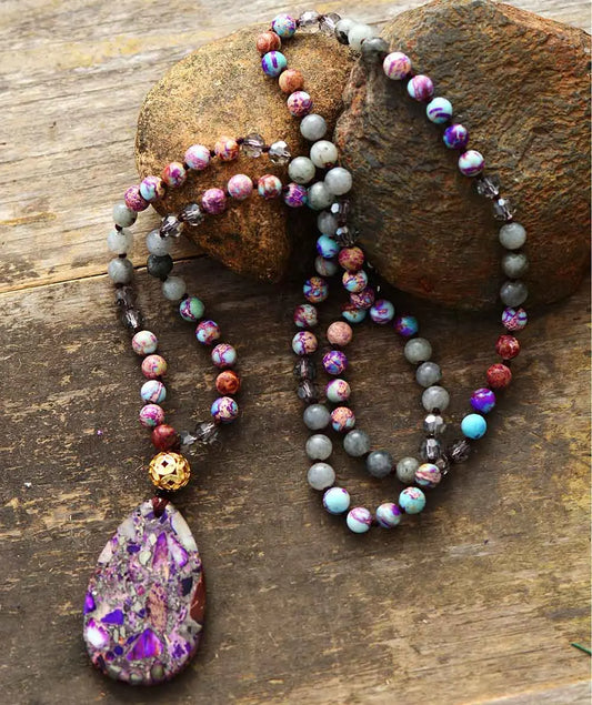 Purple Spiritual Natural Stones Teardrop Pendant Necklaces Women Bohemian