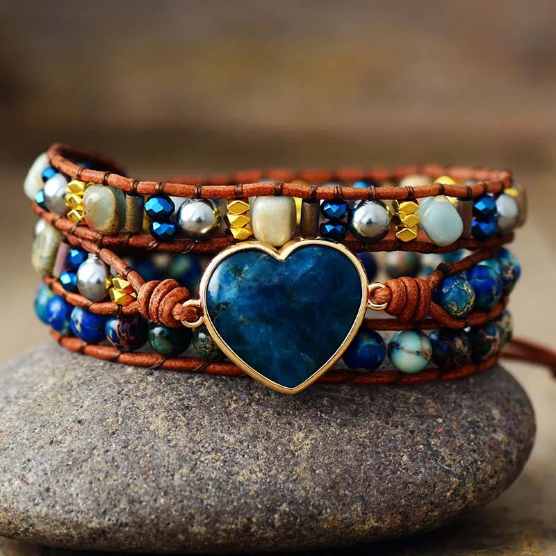 Spiritual Vintage Leather Wrap Bracelets Heart Shape Apatite Stone 3 Strands