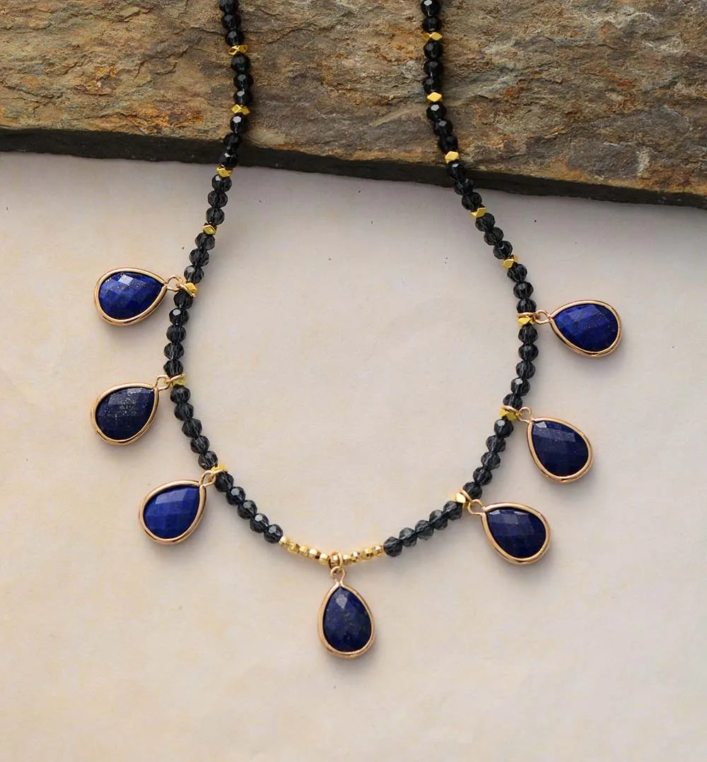 Spiritual Natural Stones Lapis Pendant Necklace Women Exquisite Rhinestone