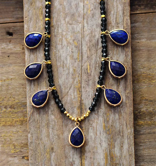 Spiritual Natural Stones Lapis Pendant Necklace Women Exquisite Rhinestone