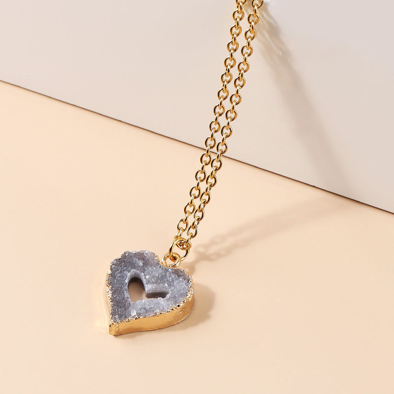 Geode Heart Crystal Pendant Necklace Natural Crystal Stone Necklace