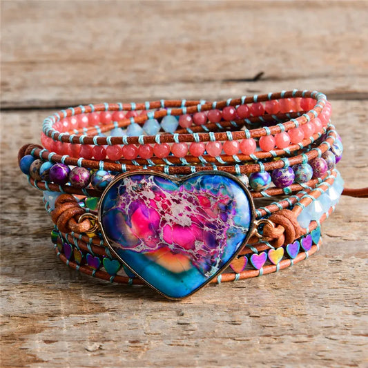 Spiritual Vintage Leather Wrap Bracelets Heart Shape Apatite Stone