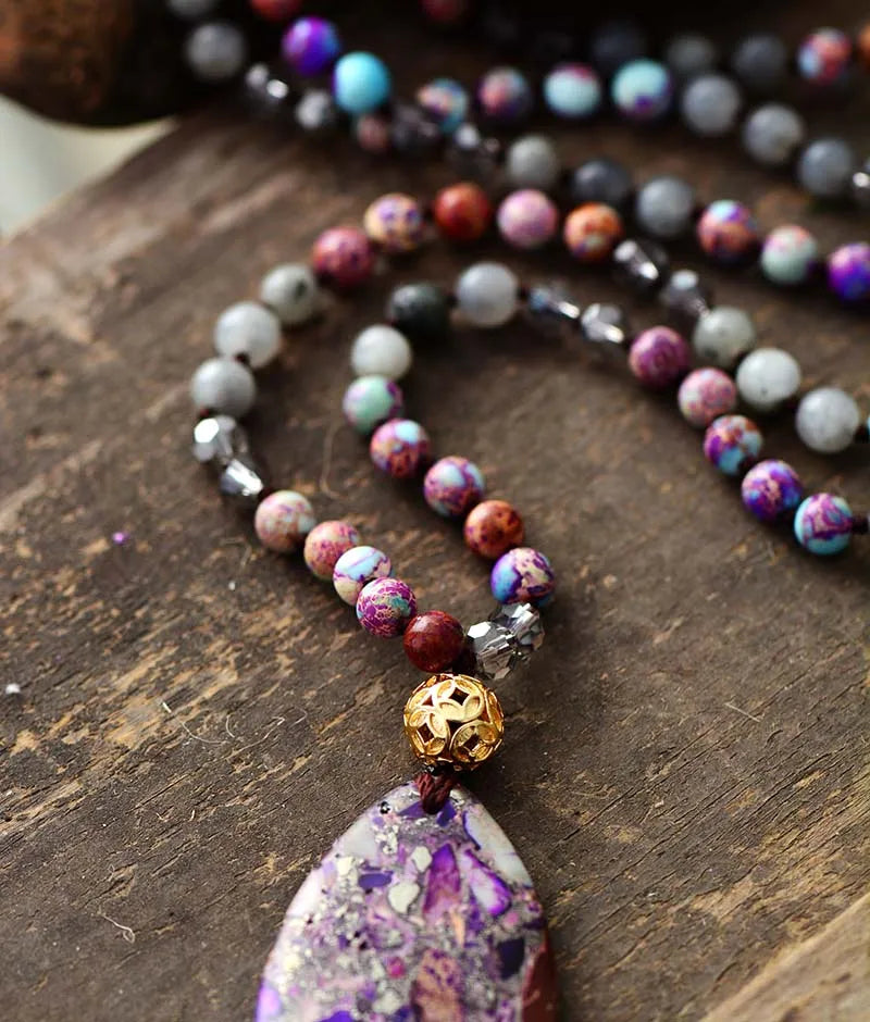 Purple Spiritual Natural Stones Teardrop Pendant Necklaces Women Bohemian