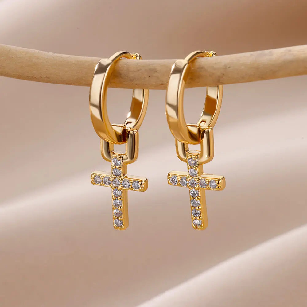 Zircon Cross Dangle Earrings for Women Girls Stainless Steel Cross Earring 2024 Trending Couple Wedding Aesthetic Jewelry Aretes