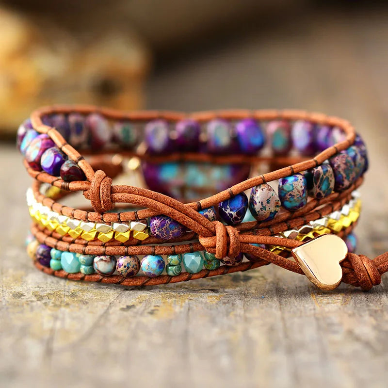 Spiritual Big Heart Center Stone Wristband Leather Wrap Bracelet