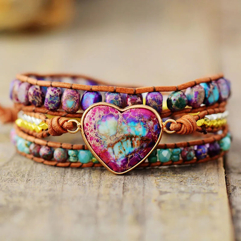 Spiritual Big Heart Center Stone Wristband Leather Wrap Bracelet