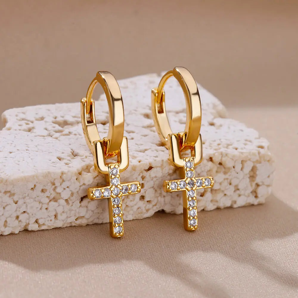 Zircon Cross Dangle Earrings for Women Girls Stainless Steel Cross Earring 2024 Trending Couple Wedding Aesthetic Jewelry Aretes