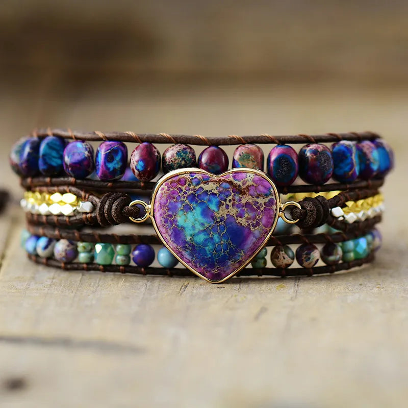 Spiritual Big Heart Center Stone Wristband Leather Wrap Bracelet