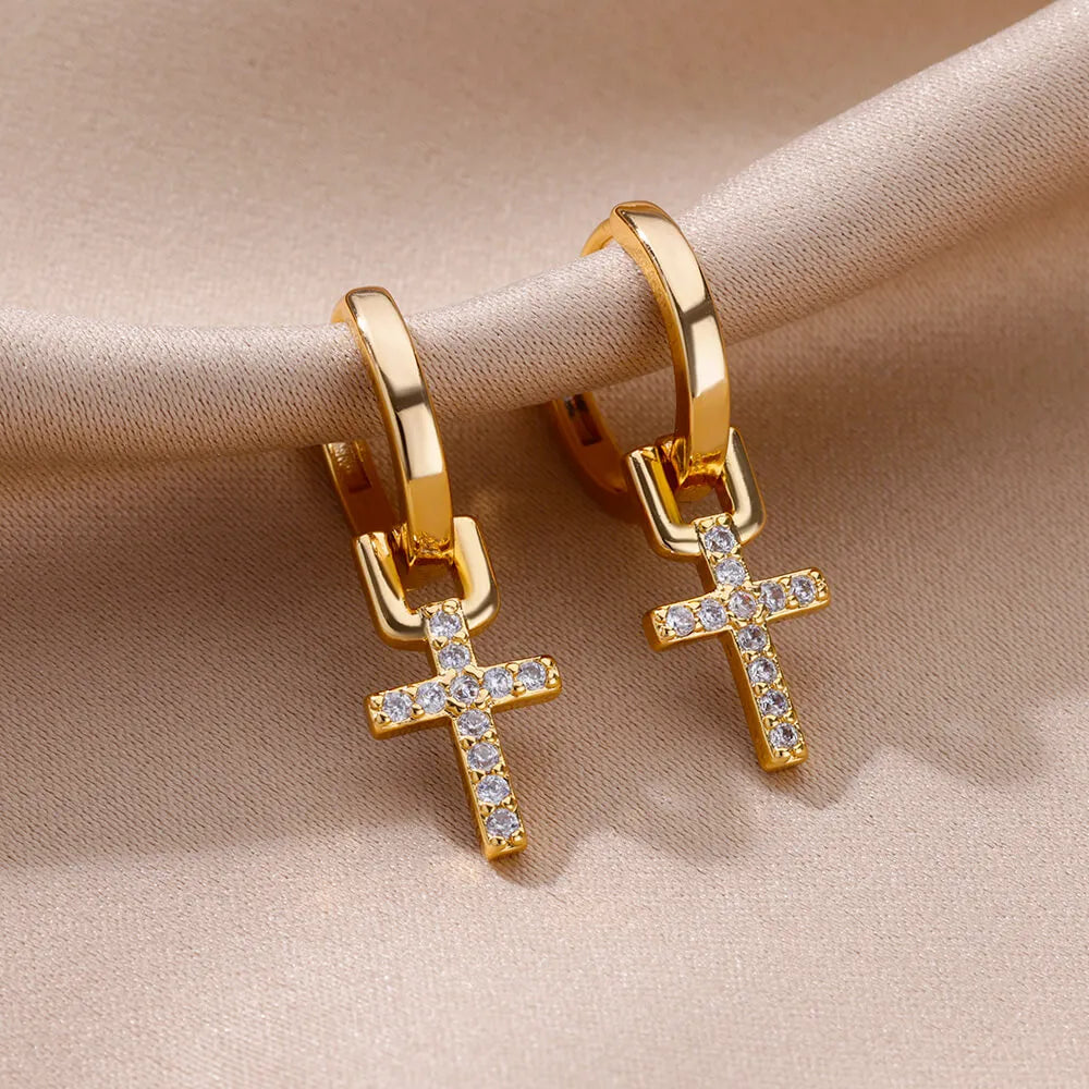 Zircon Cross Dangle Earrings for Women Girls Stainless Steel Cross Earring 2024 Trending Couple Wedding Aesthetic Jewelry Aretes