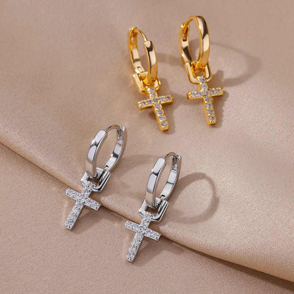 Zircon Cross Dangle Earrings for Women Girls Stainless Steel Cross Earring 2024 Trending Couple Wedding Aesthetic Jewelry Aretes