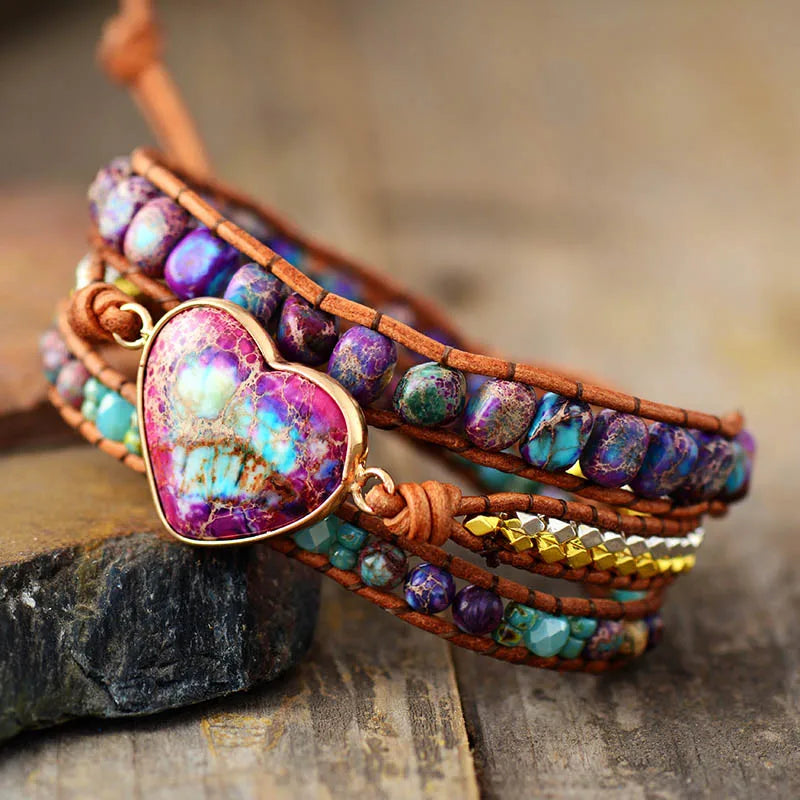 Spiritual Big Heart Center Stone Wristband Leather Wrap Bracelet