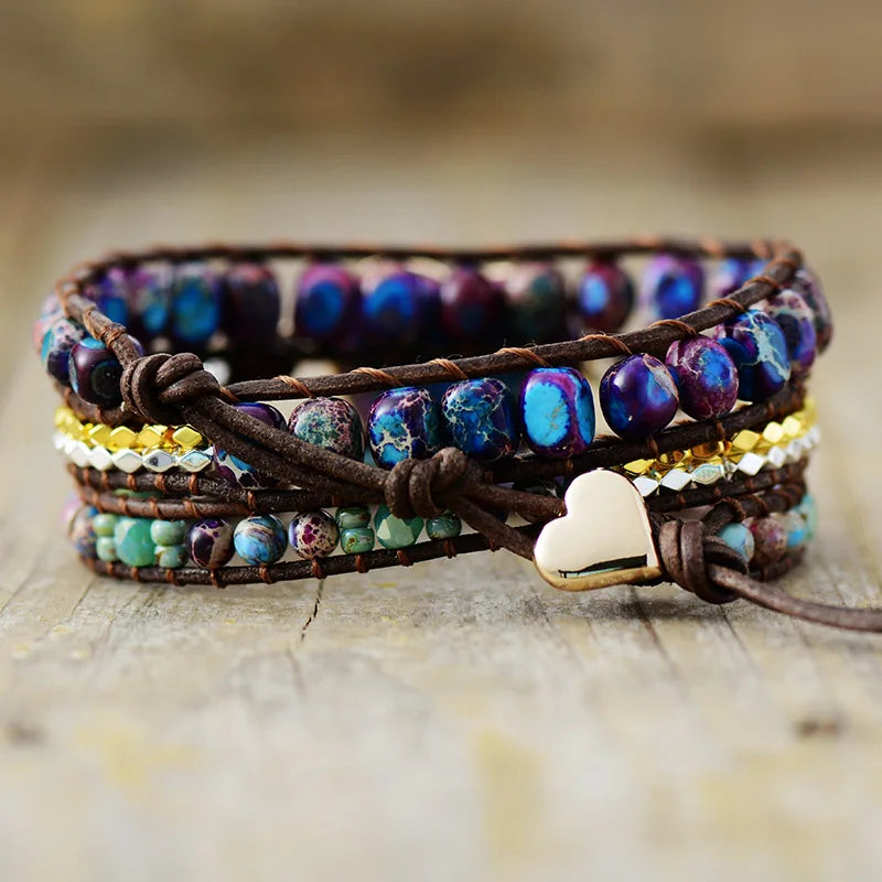 Spiritual Big Heart Center Stone Wristband Leather Wrap Bracelet